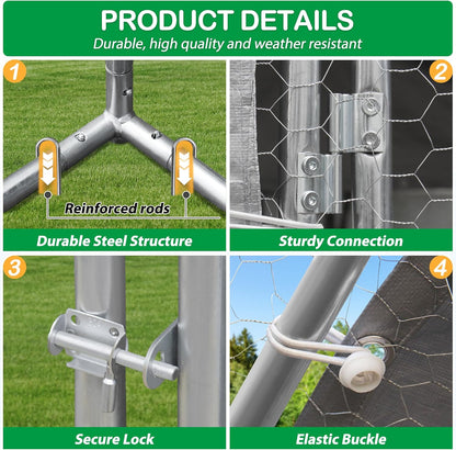 Large Metal Chicken Coop, Walk-in Chicken Run Pen with Waterproof Cover, Dome Roof Poultry Cage for
