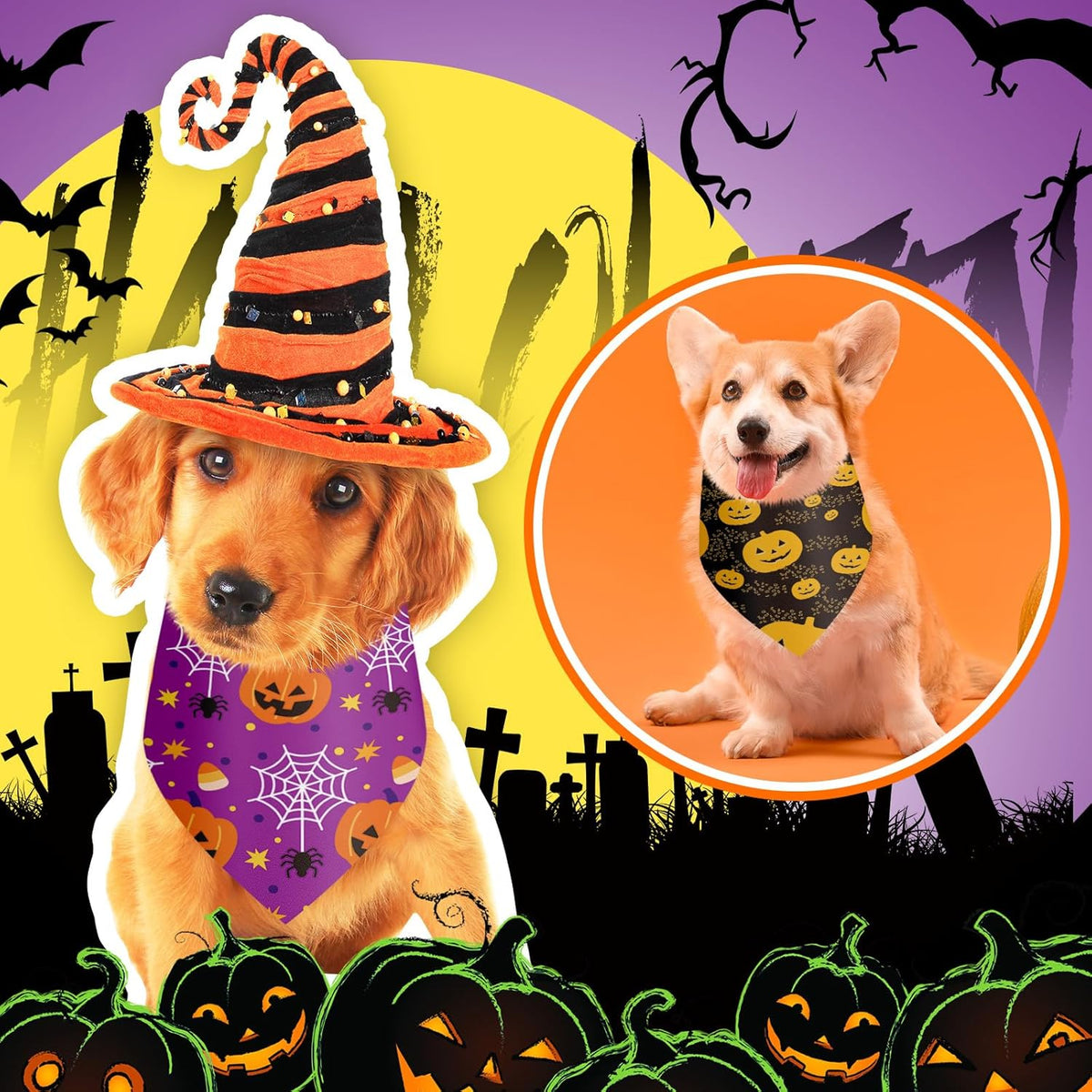 100 Pieces Halloween Dog Bandanas Bulk Pumpkin Ghost Bandanas for Dogs Soft Triangle Bibs