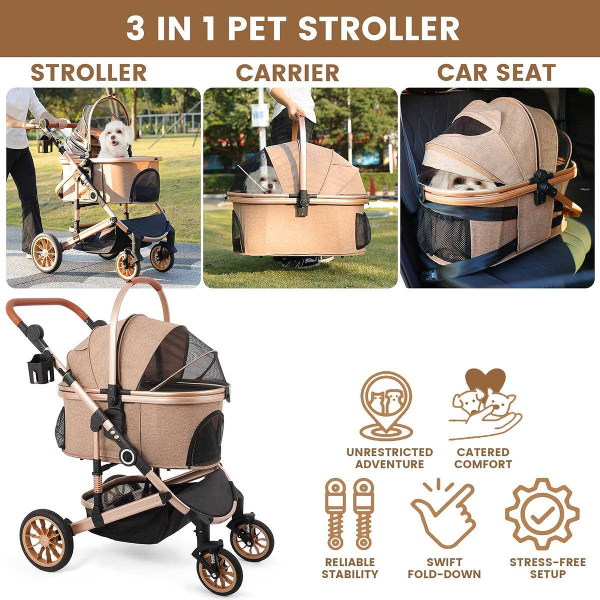 Pet Stroller with 4 Wheels, Foldable Pet Travel Carrier for Small/Medium Dogs Cats up to 50lbs