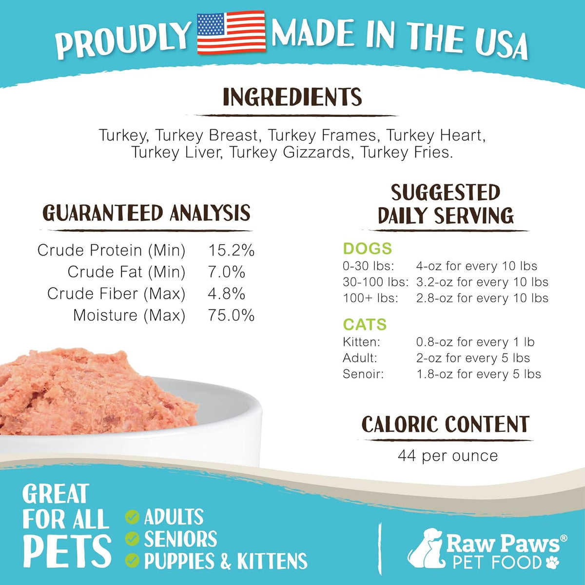Raw Paws Signature Blend Pet Food for Dogs & Cats - Turkey Recipe, 1-lb Rolls (10 Pack) - Made in