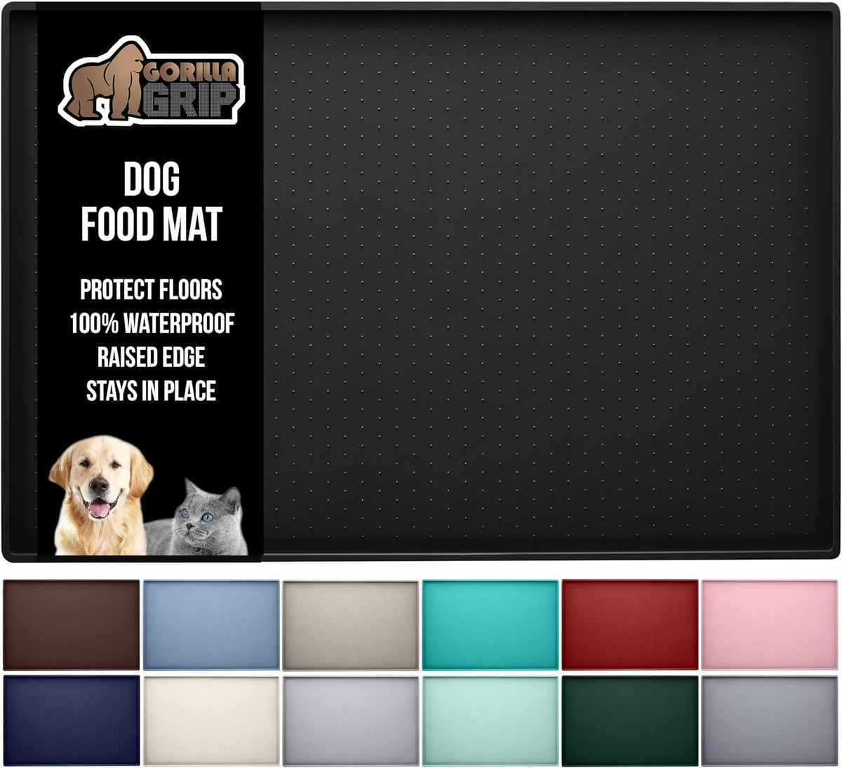 GORILLA GRIP 100% Waterproof Raised Edge BPA Free Silicone Pet Feeding Mat, Dog Cat Food Mats