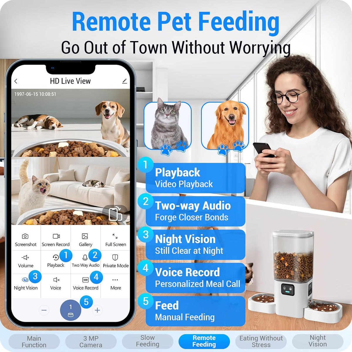 Automatic Cat Feeder with Two HD Camera for 2 Cats: 7L Automatic Dog Feeder with Night Vision &