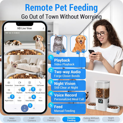 Automatic Cat Feeder with Two HD Camera for 2 Cats: 7L Automatic Dog Feeder with Night Vision &