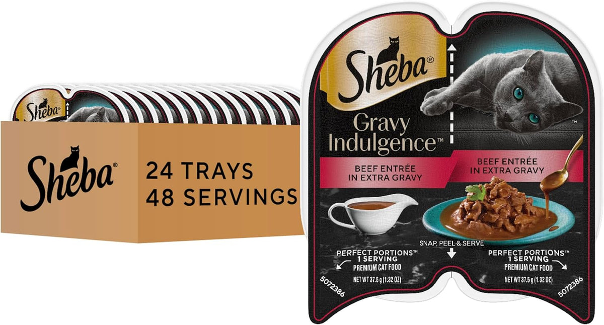 Sheba Gravy Indulgence Adult Wet Cat Food Beef Entree in Extra Gravy, 2.6 oz. Twin-Pack Trays (24