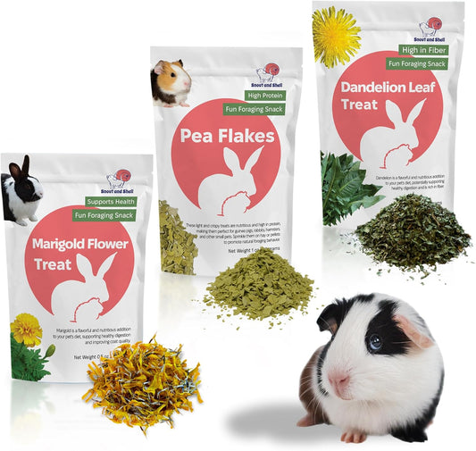 Snout and Shell Small Animal Treats – Pea Flakes, Dandelion Leaf (1oz), Marigold Flowers (0.5oz)
