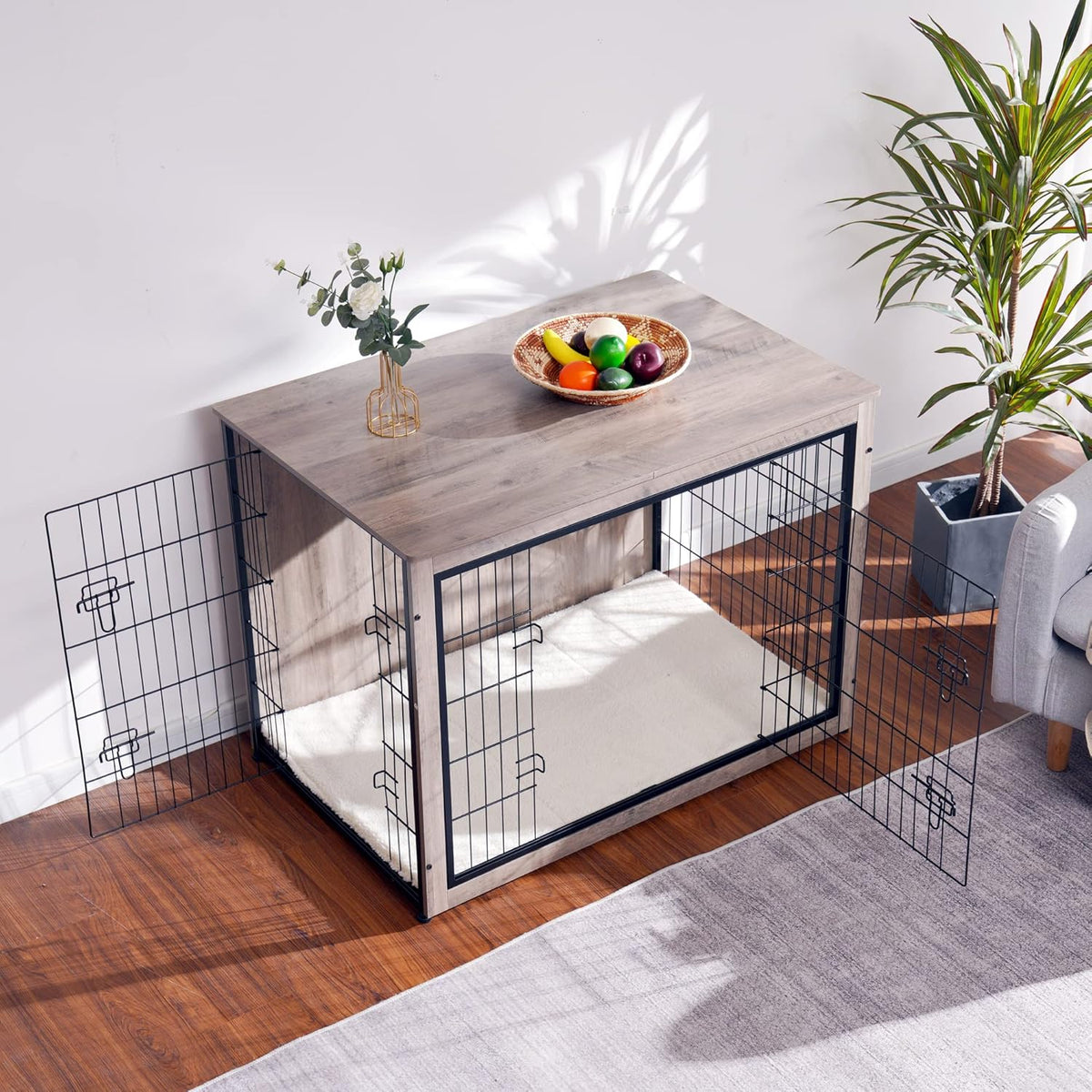 DWANTON Dog Crate Furniture with Cushion, Wooden Kennel Table with Double Doors, Indoor Dog House