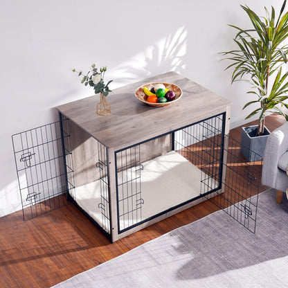 DWANTON Dog Crate Furniture with Cushion, Wooden Kennel Table with Double Doors, Indoor Dog House