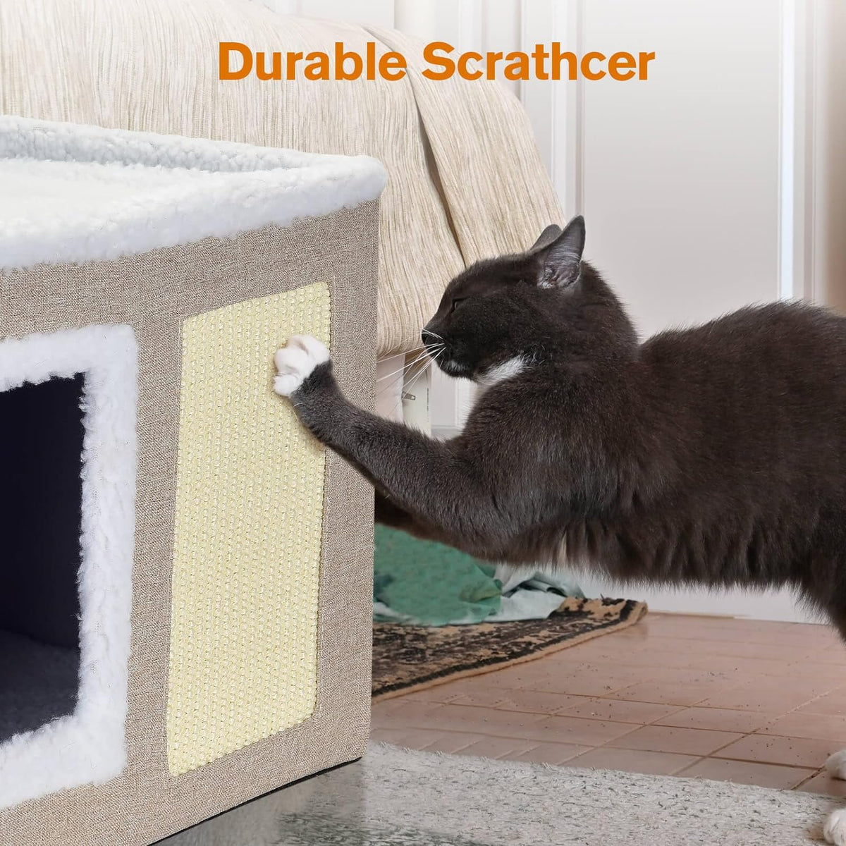 petizer Cat Bed for Indoor Cats, Large Covered Cat House with Scratch Pad, Foldable Cat Cave Bed &