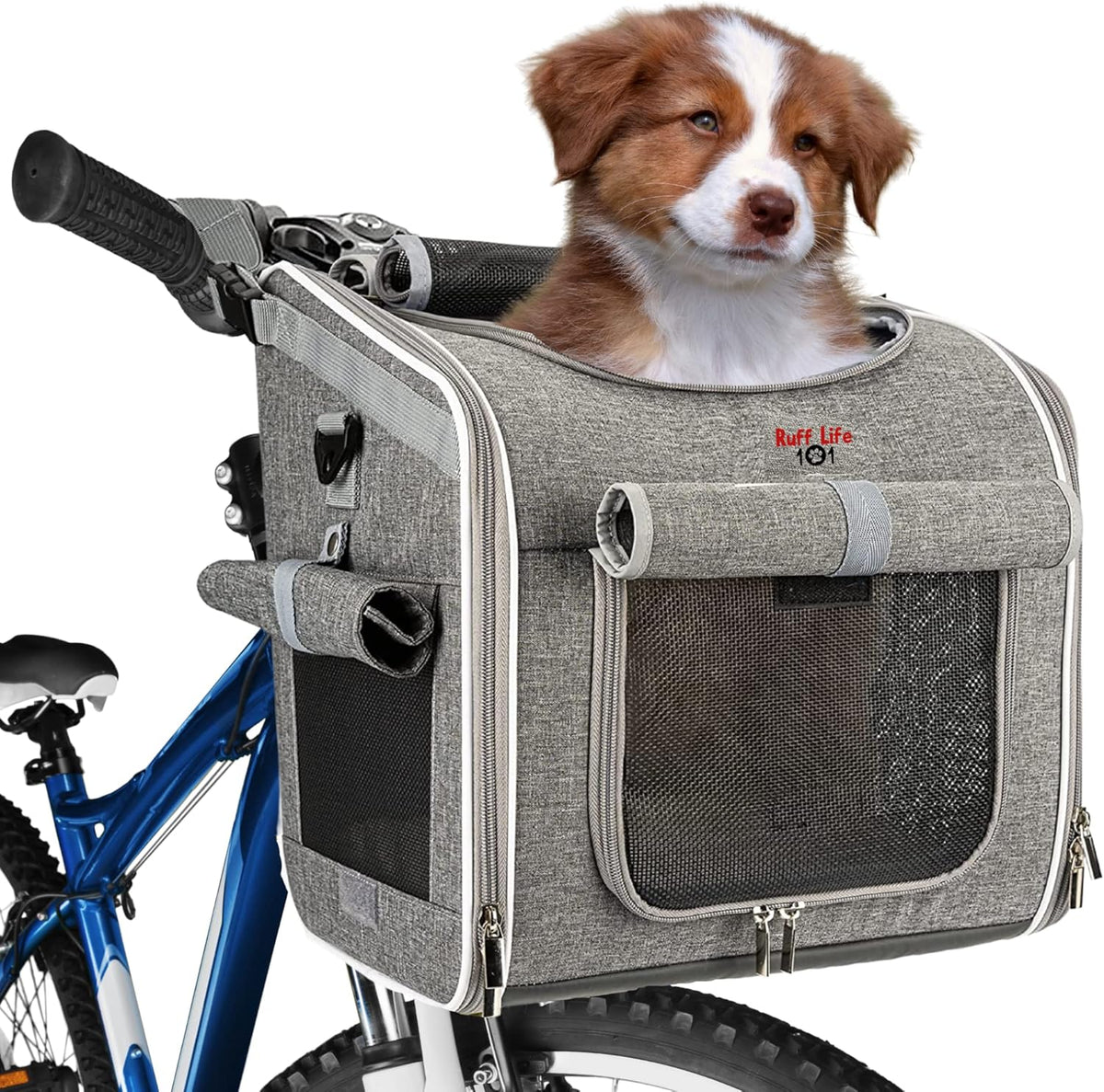 Dog Bike Basket, Expandable Soft-Sided Reflective Pet Carrier Backpack with 4 Open Doors, 4 Mesh