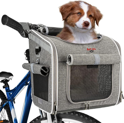 Dog Bike Basket, Expandable Soft-Sided Reflective Pet Carrier Backpack with 4 Open Doors, 4 Mesh