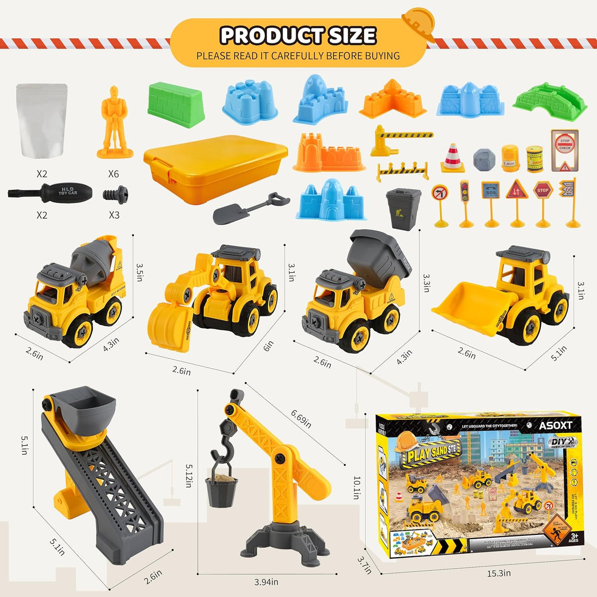 Asoxt 43-Piece Construction Sensory Playset – 2 lbs Play Sand, 4 DIY Trucks, Crane & Road Signs