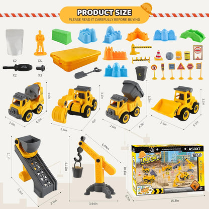 Asoxt 43-Piece Construction Sensory Playset – 2 lbs Play Sand, 4 DIY Trucks, Crane & Road Signs