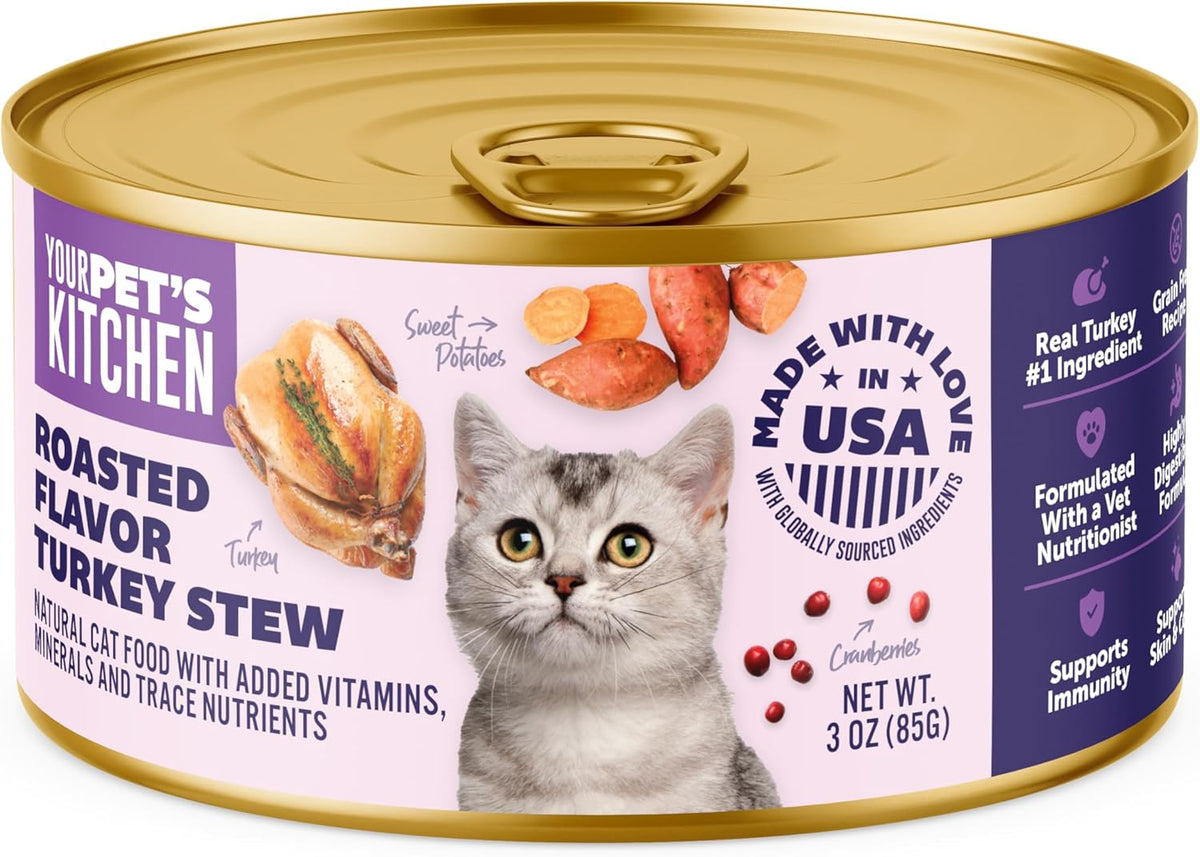 YOUR PET'S KITCHEN Canned Wet Cat Food, Roasted Flavor Turkey Stew - 3 oz Cans (Pack of 24), Made