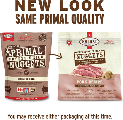 Primal Freeze Dried Raw Dog Food Nuggets, Pork, Complete & Balanced Meal, Also Use as Topper or