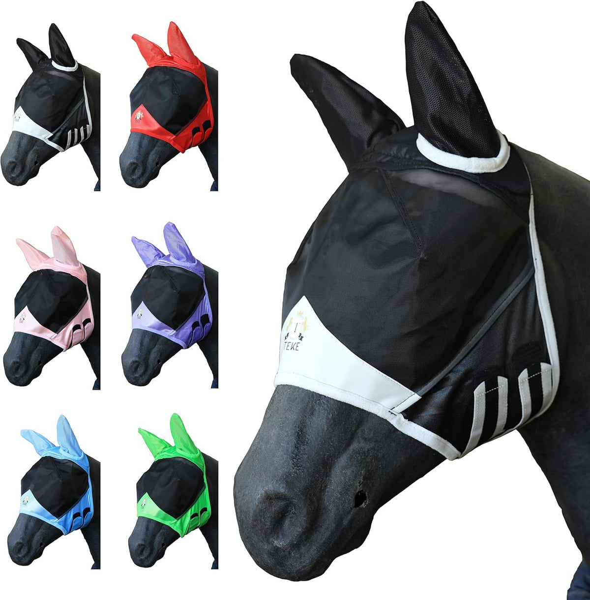 T TEKE Fine Mesh Horse Fly Mask w/Ears, UV Blocking 3D Eye Visor with Extra Fleece Cushioned