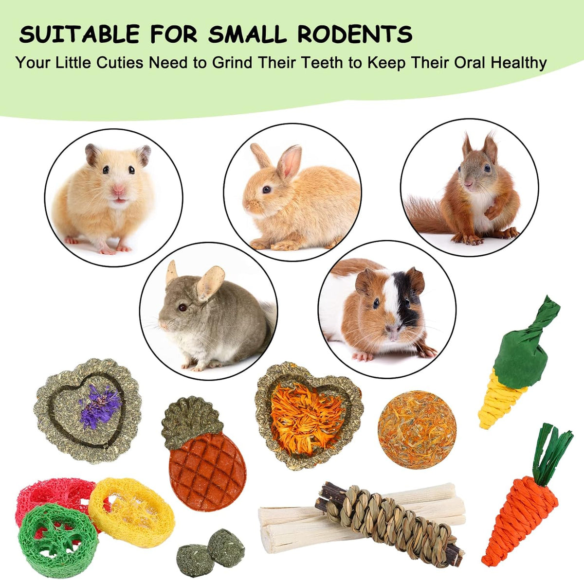 VESPRO Bunny Toys, 21PCS Rabbit Chew Toys for Teeth, Guinea Pig Natural Treats, Timothy Hay Sticks