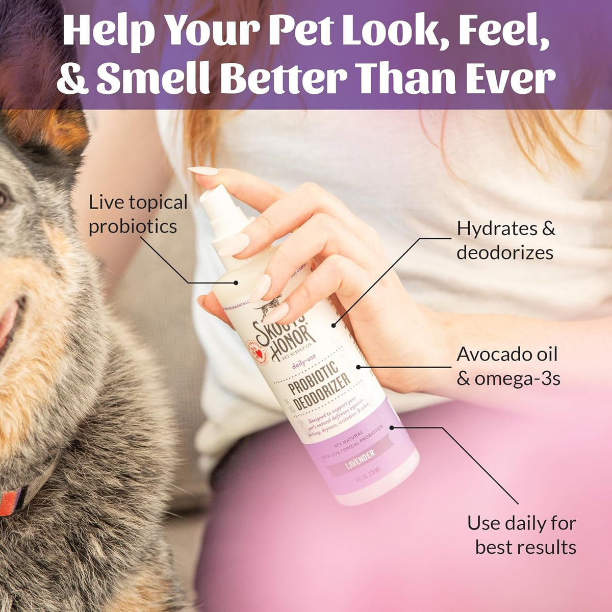 SKOUT'S HONOR Probiotic Pet Deodorizer Spray- Hydrating Daily-Use with Avocado Oil & Omega-3s