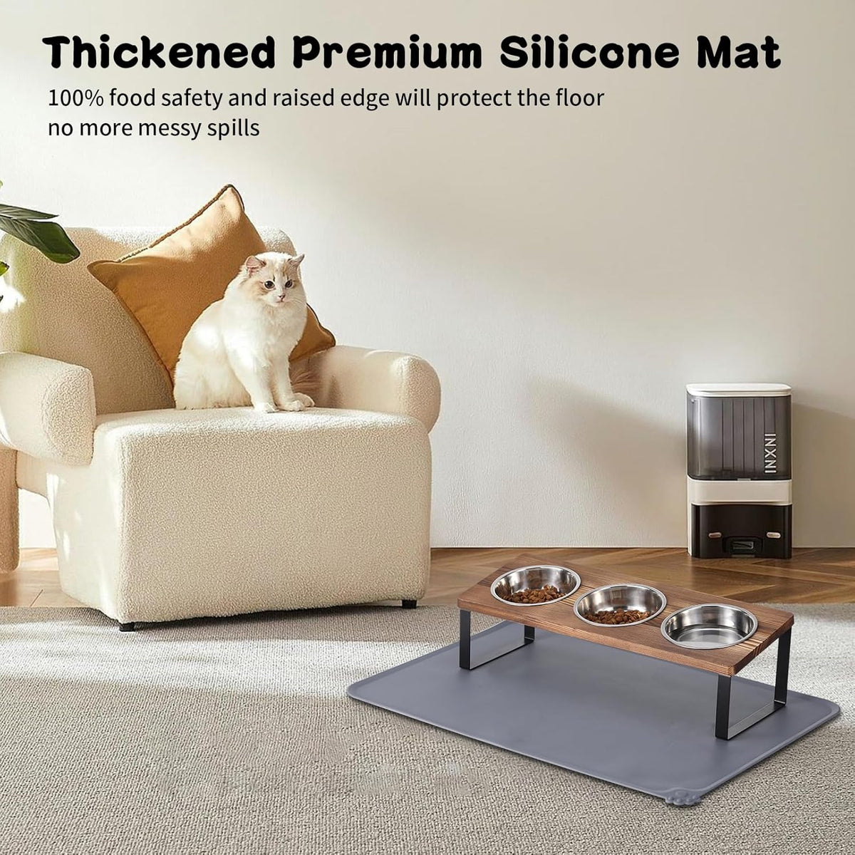 Upgraded Elevated Cat Bowls with Food Mat,15°Tilted Stand Anti Vomiting Raised Cat Dishes for Food