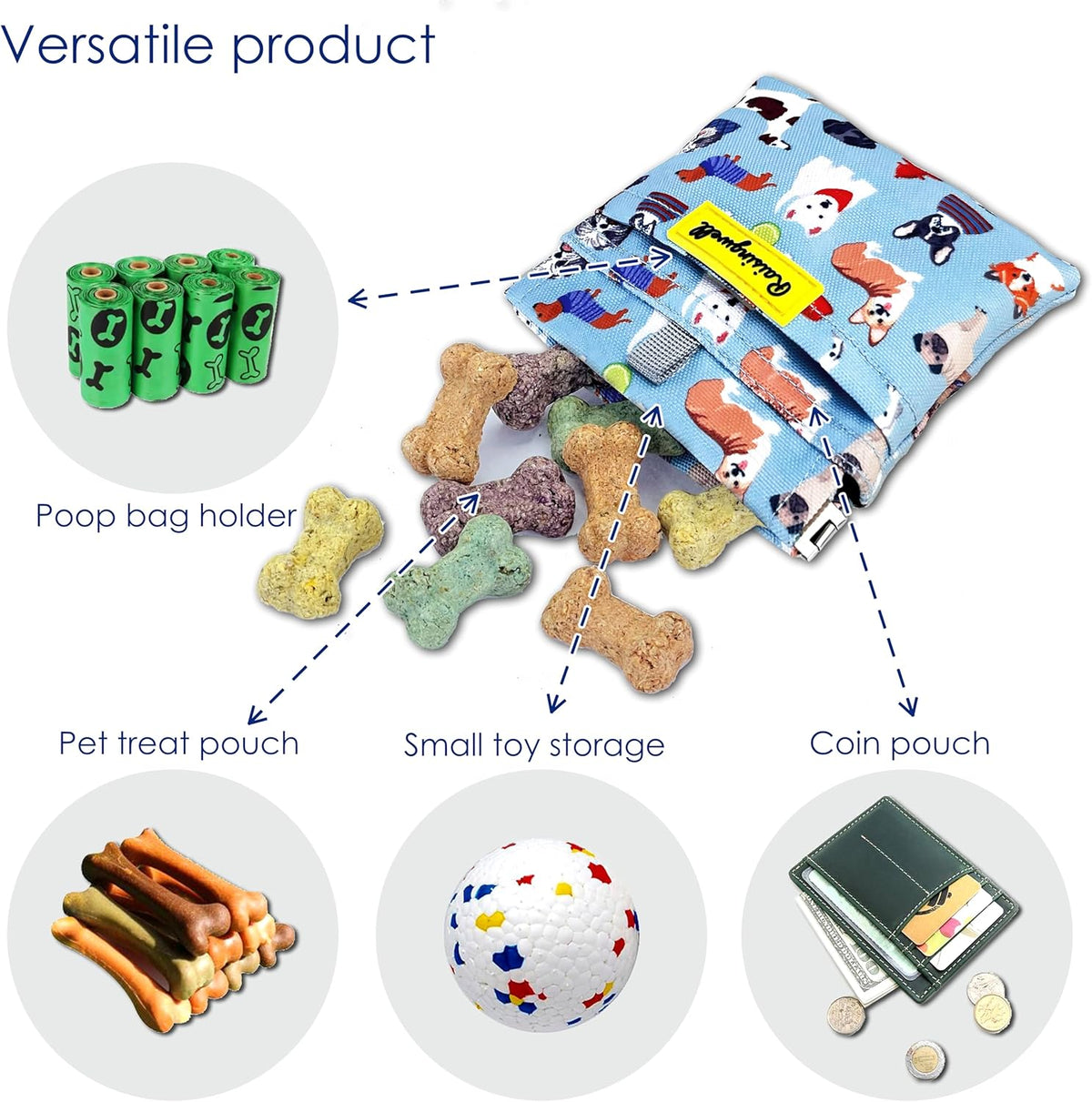 Dog Treat Pouch,Cotton Pocket Sized Training Holder, Hand Free Walking Funny Bag with Carabiner