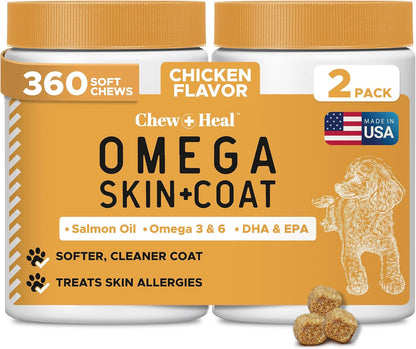 Omega 3 Fish Oil for Dogs -360 Soft Chew Omega Treats for Skin and Coat -Salmon Oil Blend of