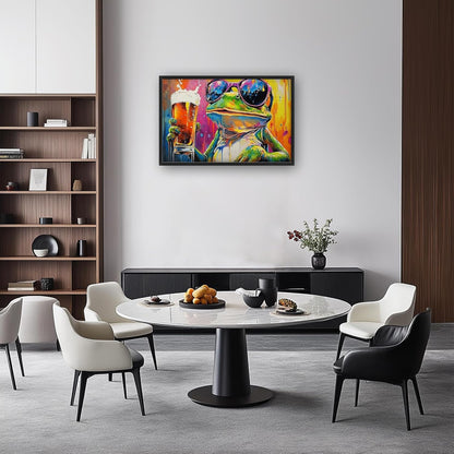 Large Graffiti Frog Wall Art for Living Room, Framed Oversized Funny Frog Beer Wall Decor Colorful