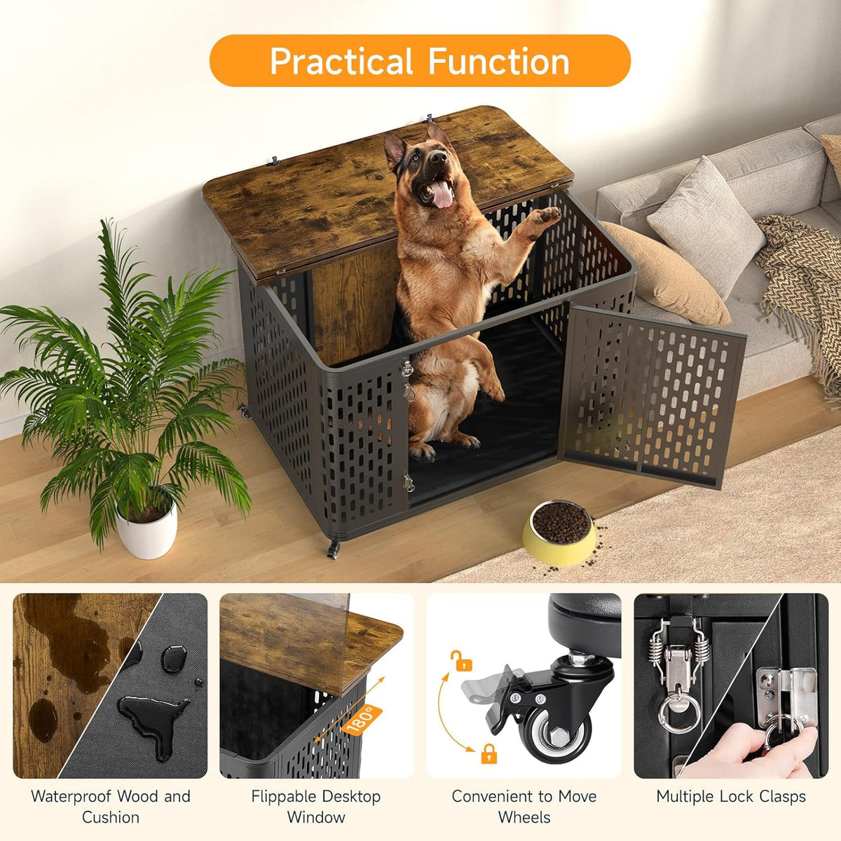 Heavy Duty Dog Crate Furniture for Large and Medium Dogs, 43.7 Inch Large Dog Crate Kennel with