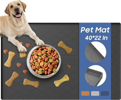 URMONA Large Dog Food Mat, 40" x 22" Pet Food Mat, Waterproof Dog Cat Food Mat with Raised Edges