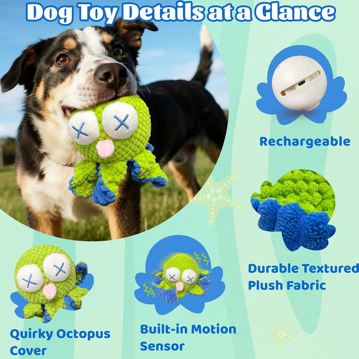 Interactive Octopus Dog Toys – Rechargeable Dog Squeaky Toy with Bouncing Ball, Music, Recording &
