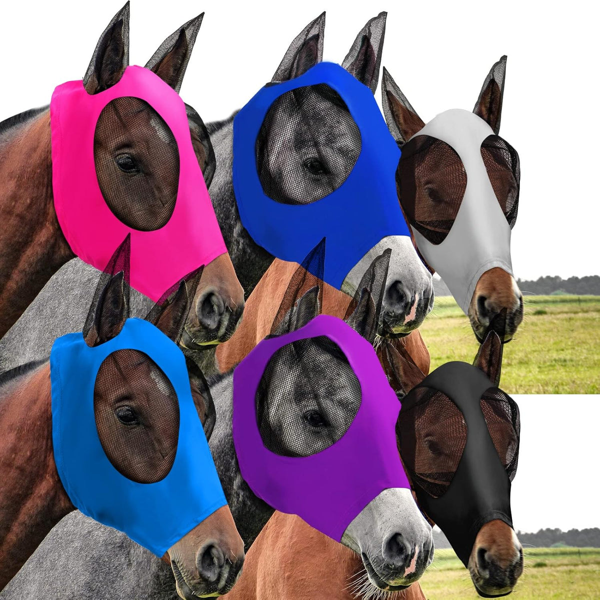 Sadnyy 6 Pcs Horse Fly Masks with Ears Comfort Breathable Mesh Fly Masks Net UV Protection Large