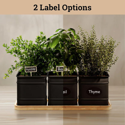 Herb Planter Indoor - 3 Iron Herb Pots with Drainage Holes, Varnished Bamboo Tray, Customizable