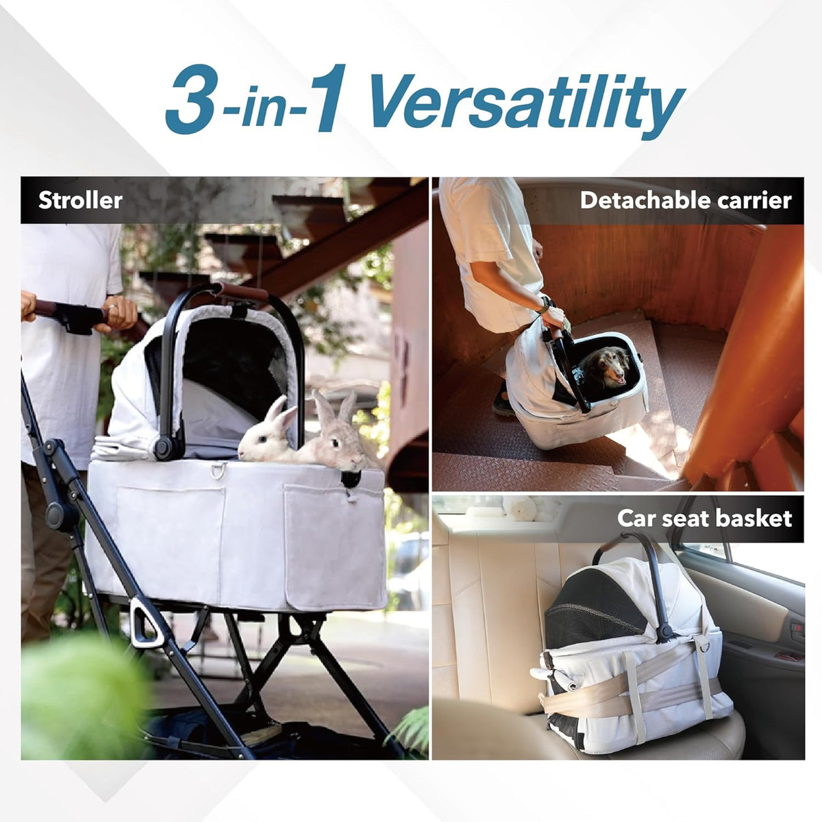 ibiyaya Tinker Pet Stroller for Small Dogs and Cats – 3-in-1 Pet Carrier, Dual-Opening Canopy
