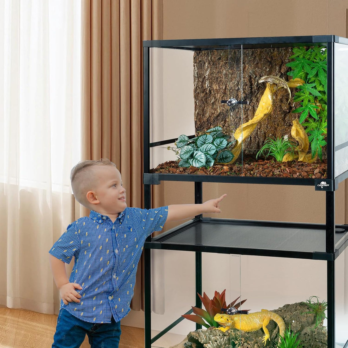 Double Stacked Reptile Tank, 24" x 18" x 44" Tall Reptiles Terrarium, Front Opening, Full Vision