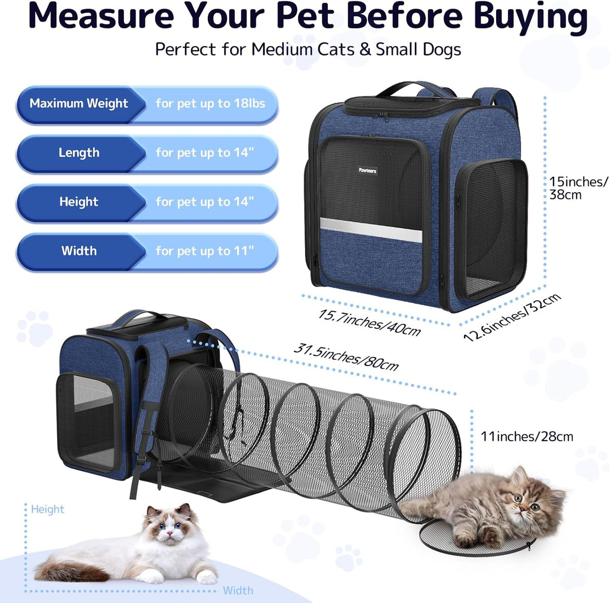 Pawtners Cat Carrier Backpacks Expandable Pet Backpack with Breathable Mesh, Pet Carrier Backpack