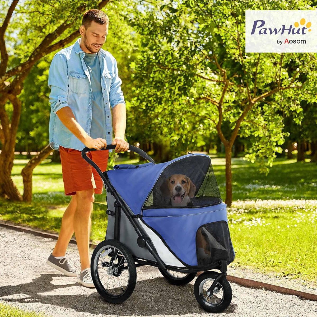 PawHut Dog Stroller, Pet Stroller 3 Wheels with Easy One-Hand Fold, Rubber Wheels, Storage Bag
