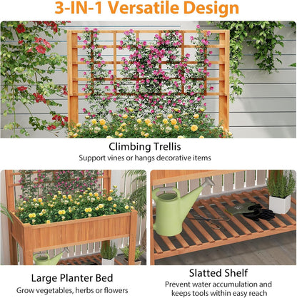 Giantex Raised Garden Bed with Trellis, Wooden Elevated Planter Box with Legs, Drainage Holes for