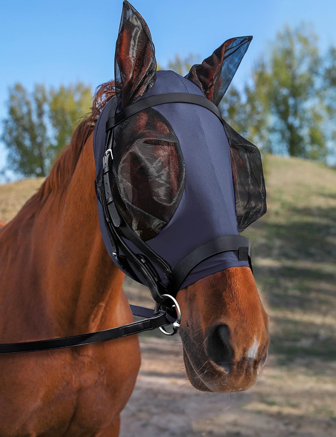 Horse Fly Mask with Ears, UV Protection Mask for Horses, Elasticity Mask with Big Mesh Eye Covers