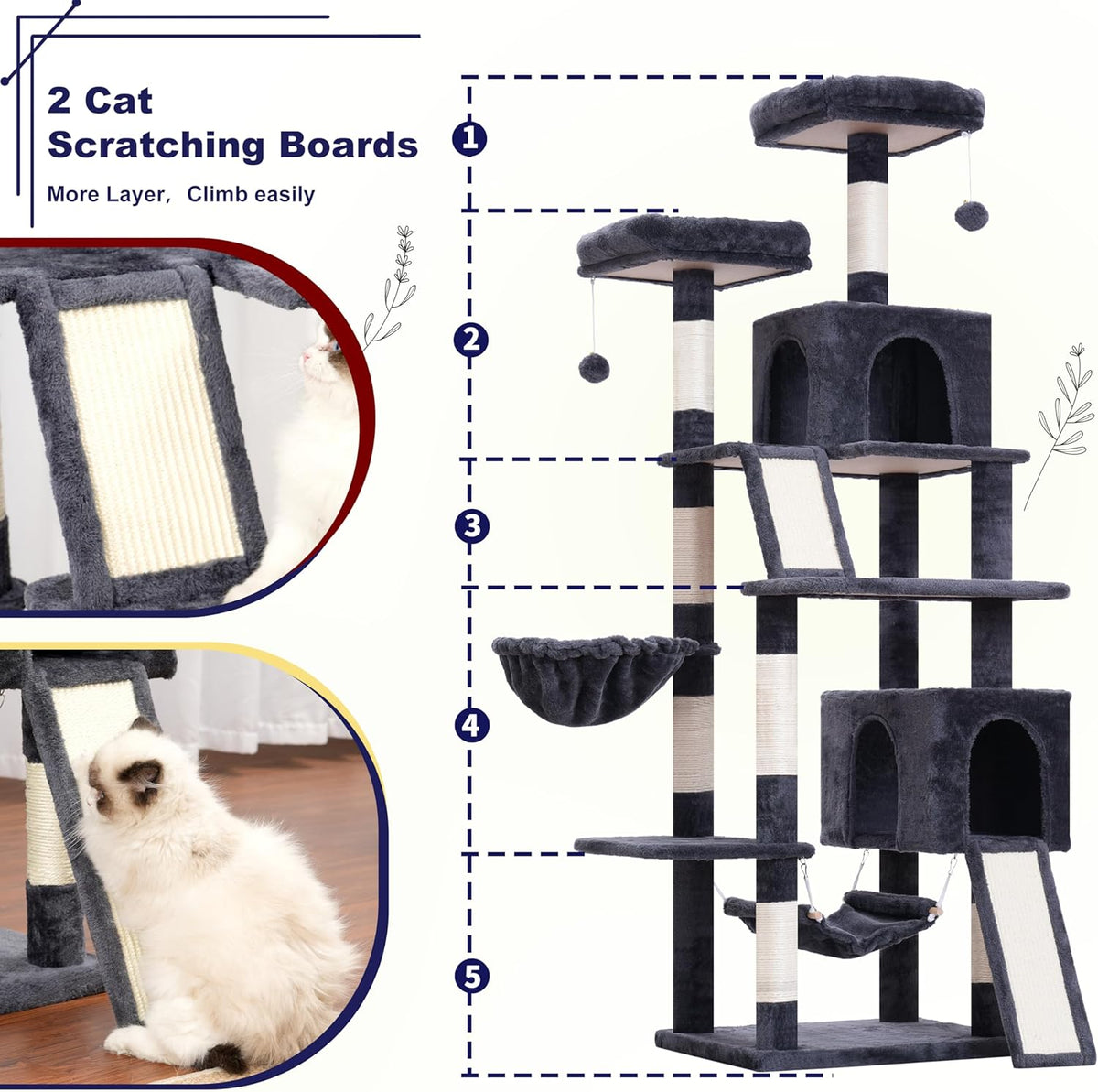 Cat Tree for Indoor Cats, 71'' (180cm) Multi-Level Cat Tower for Large Adult, Sturdy Cat Tree House