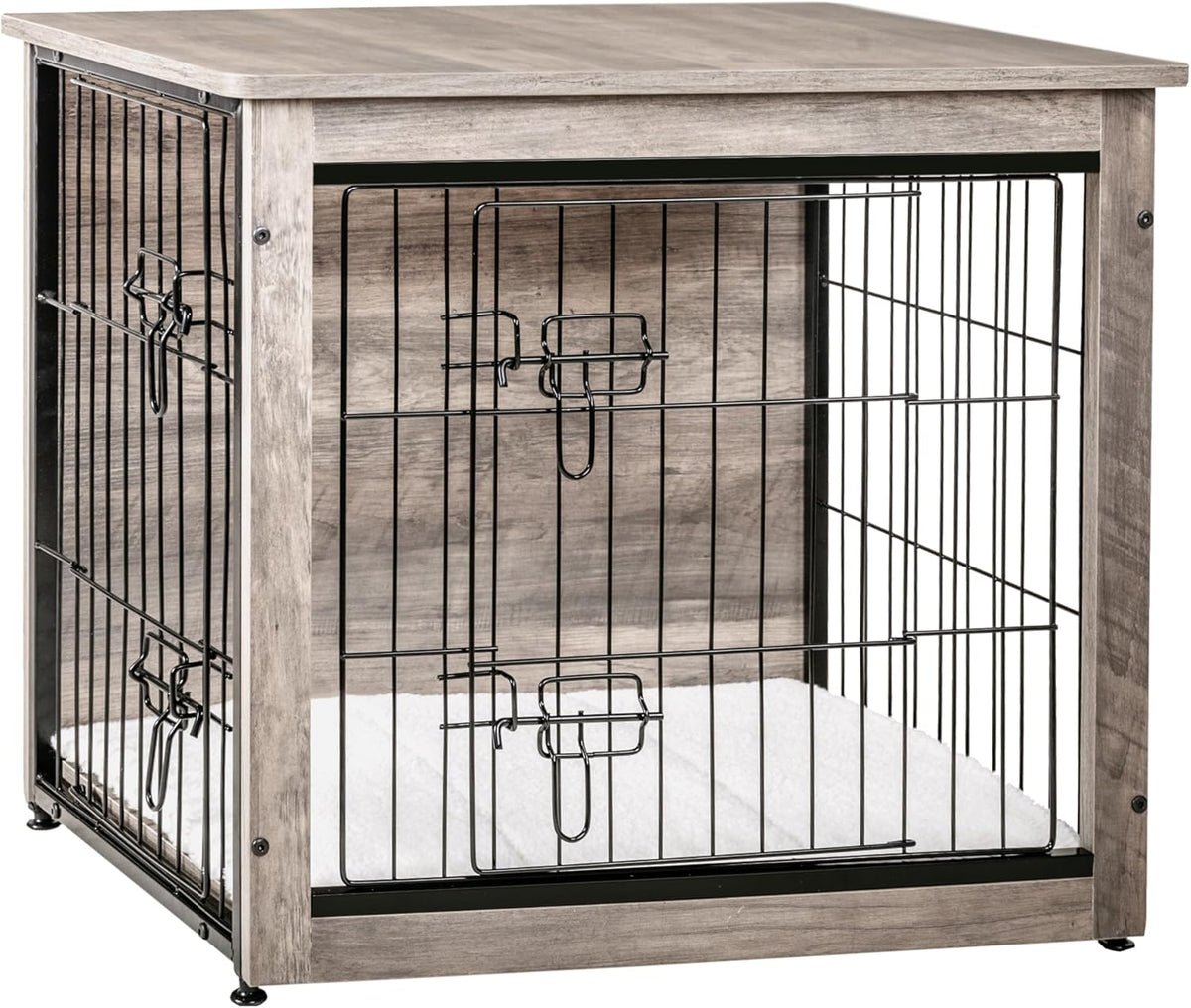 DWANTON Dog Crate Furniture with Cushion, Wooden Kennel Table with Double Doors, Indoor Dog House
