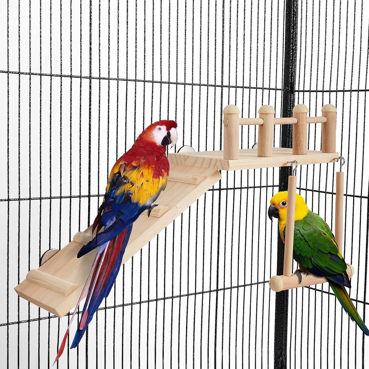Bird Perches Platform Swing with Climbing Ladder, Parakeet Cage Accessories Wooden Playing Gyms