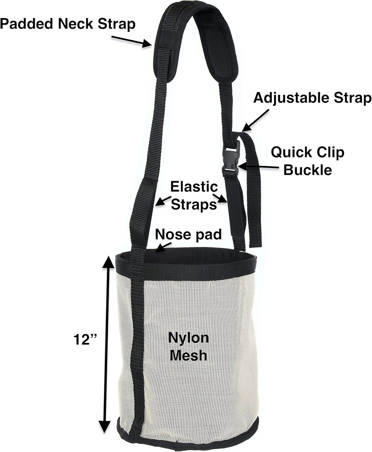 Majestic Ally Horse Feed Bag, Heavy Duty Nylon Mesh Grain Feed Bag, Adjustable Strap with Durable