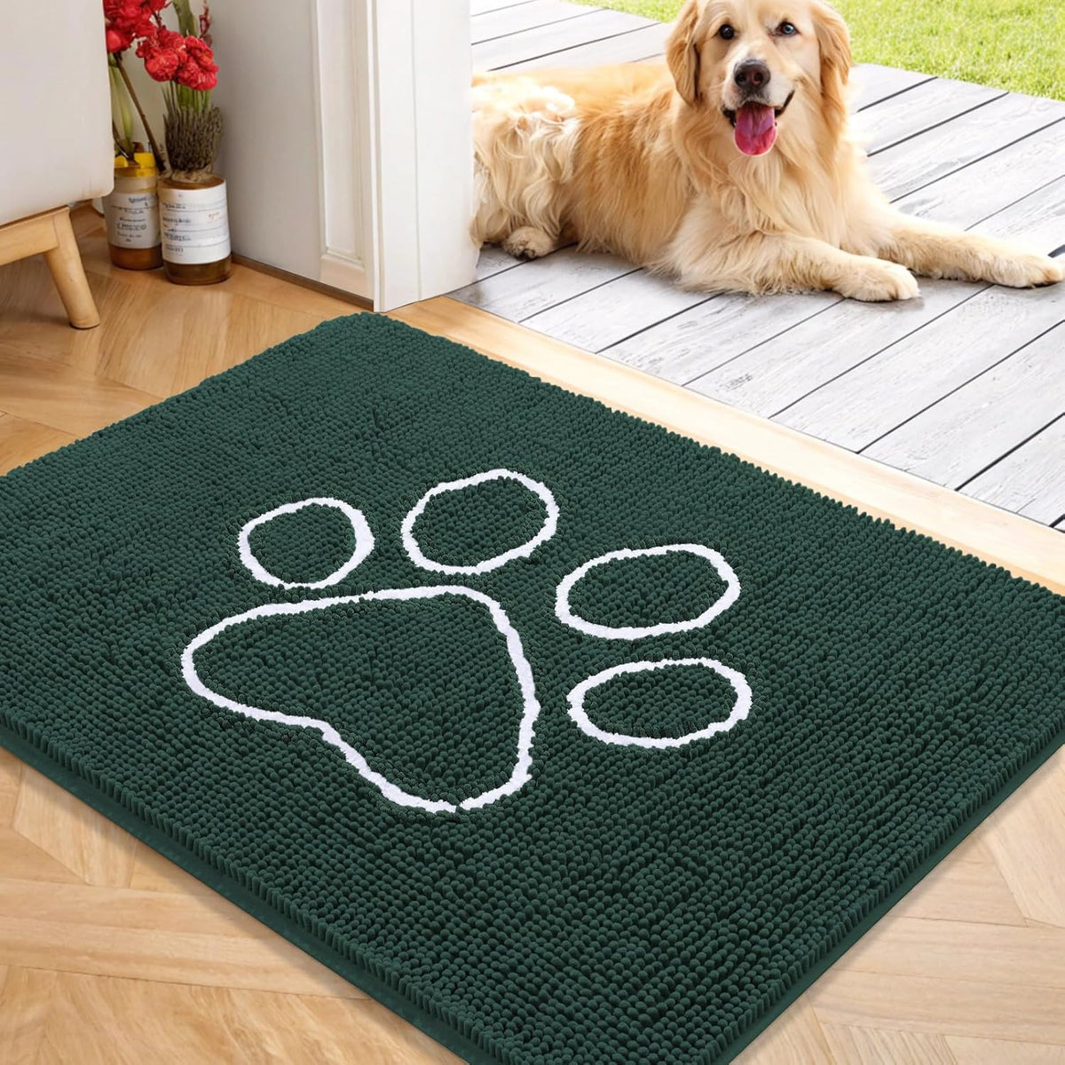 OLANLY Door Mat for Muddy Dog Paws 40x32, Absorbent Chenille Mud Doormat with Paw Print Design