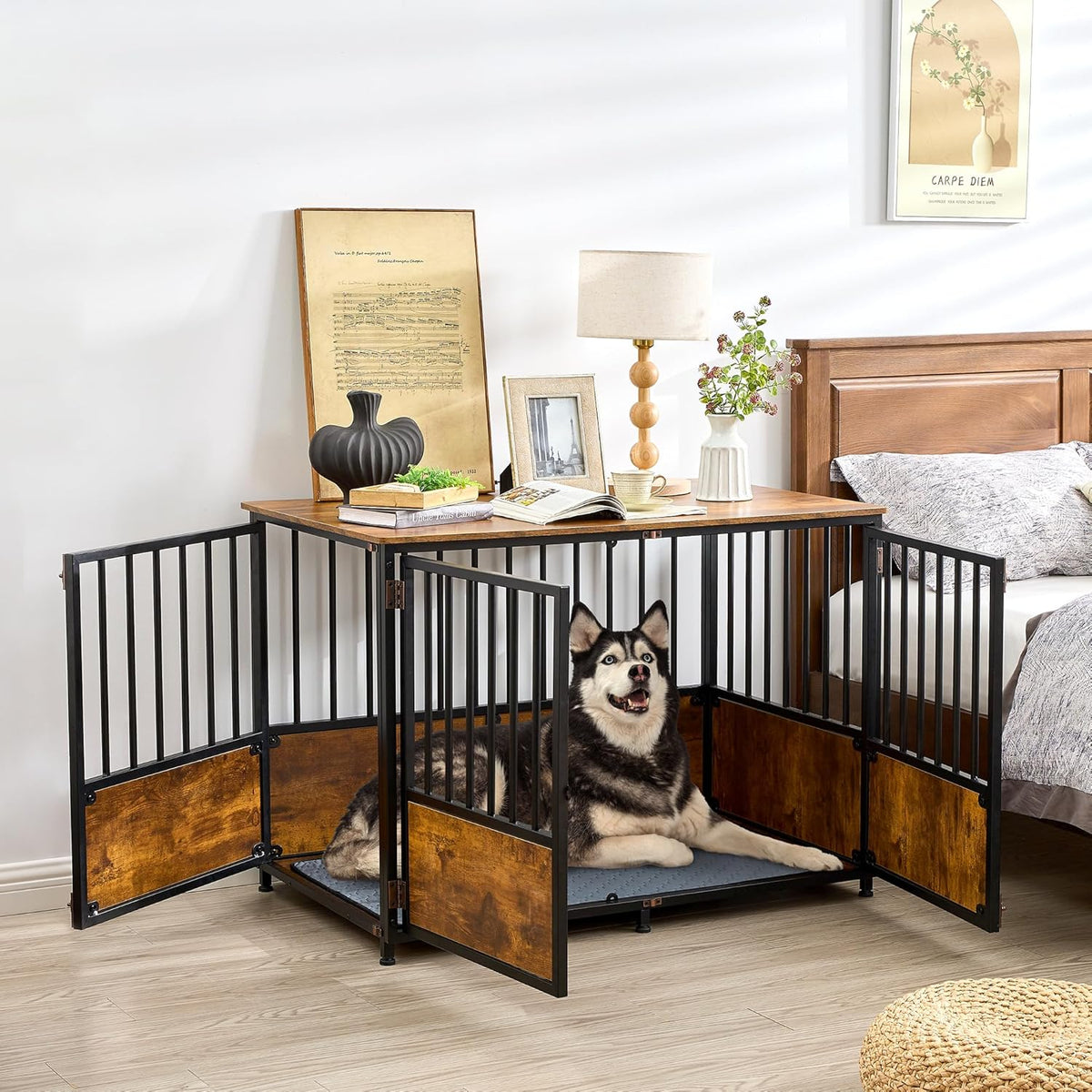 KOOPRO 43.7" Inch Dog Crate Furniture with Cushion for Large Dogs, Wooden Heavy Duty Dog Kennel