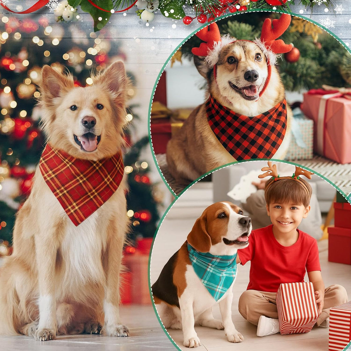 Abbylike 50 Pieces Christmas Plaid Dog Bandanas Bulk Xmas Bandanas for Dogs Triangle Kerchief Bibs