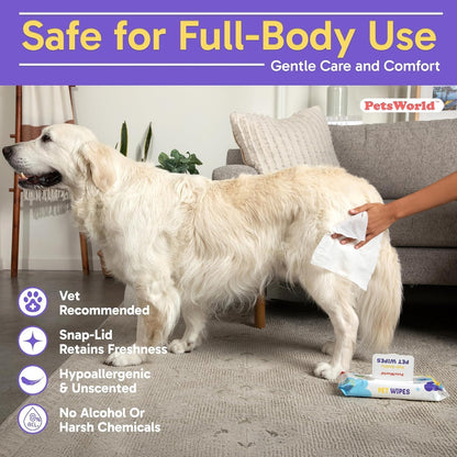 PETSWORLD Pet Wipes for Dogs & Cats, Unscented, Hypoallergenic, Chemical-Free, Biodegradable (98%)