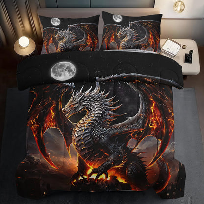 Black Dragon Comforter Set King Adult,Flame Dragon Bedding Set for Boys,Magical Beast Bedding