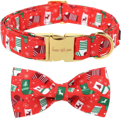 Unique Style Paws Christmas Day Dog Collar with Bow Christmas Tree Cotton Puppy Collars for Small