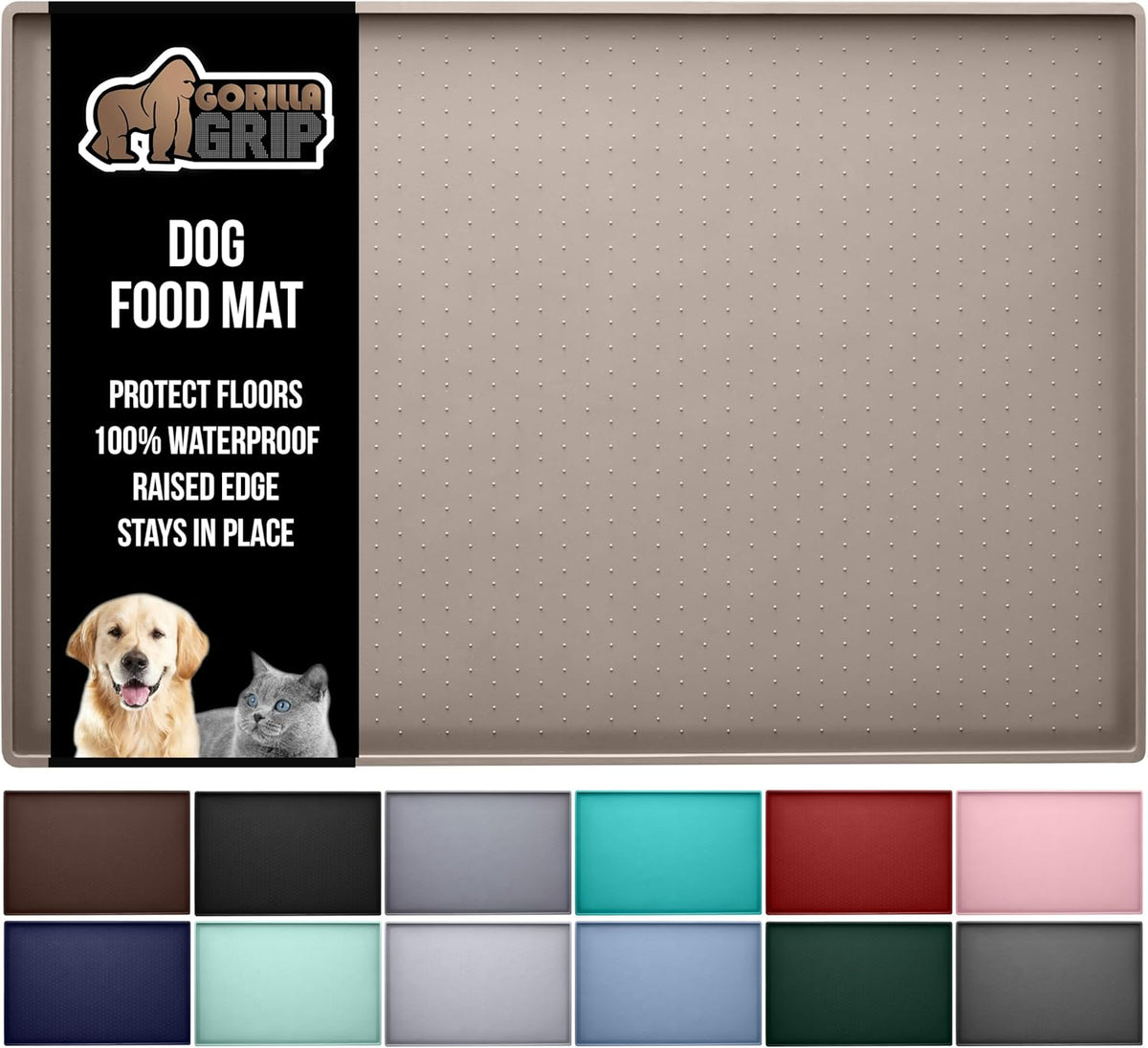 GORILLA GRIP 100% Waterproof Raised Edge BPA Free Silicone Pet Feeding Mat, Dog Cat Food Mats