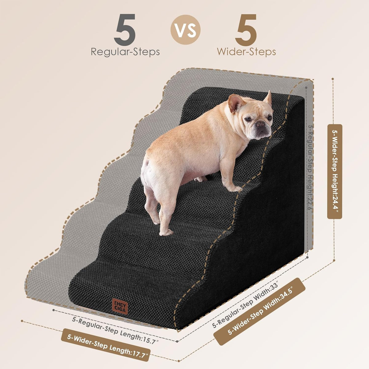 EHEYCIGA Curved Dog Stairs Ramp for High Beds, 5-Step Extra Wide Dog Steps for Small Dogs and Cats