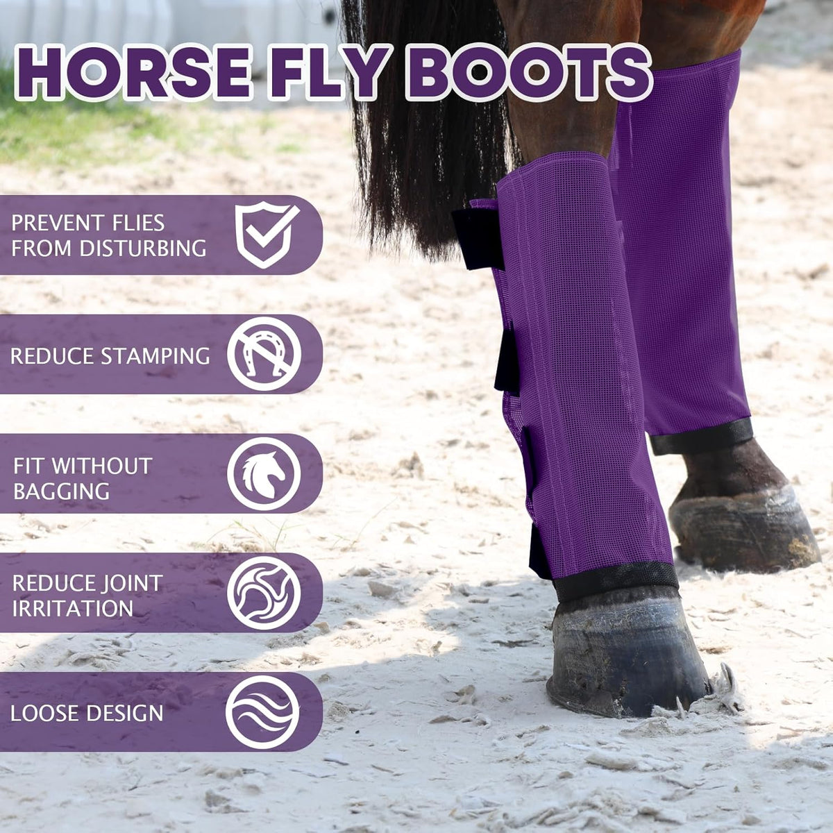 Premium 4-Pack Horse Fly Boots & Leggings Loose-Fit Fine Mesh with Stay-On Fasteners, Support
