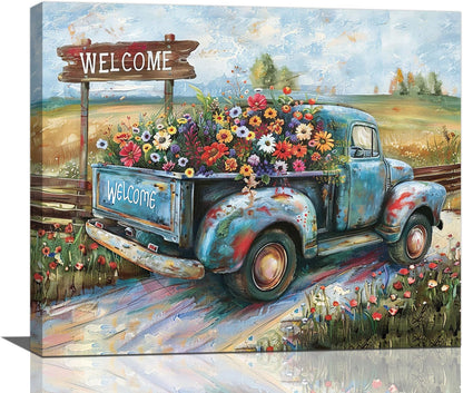 Farmhouse Truck Wall Art Rustic Country Wildflowers Wall Decor Road Flowers Landscape Pictures